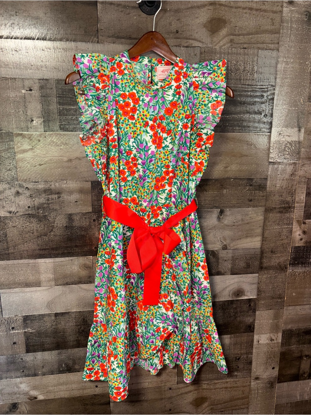 Banjanan Multicolor Floral Midi Dress with Red Sash